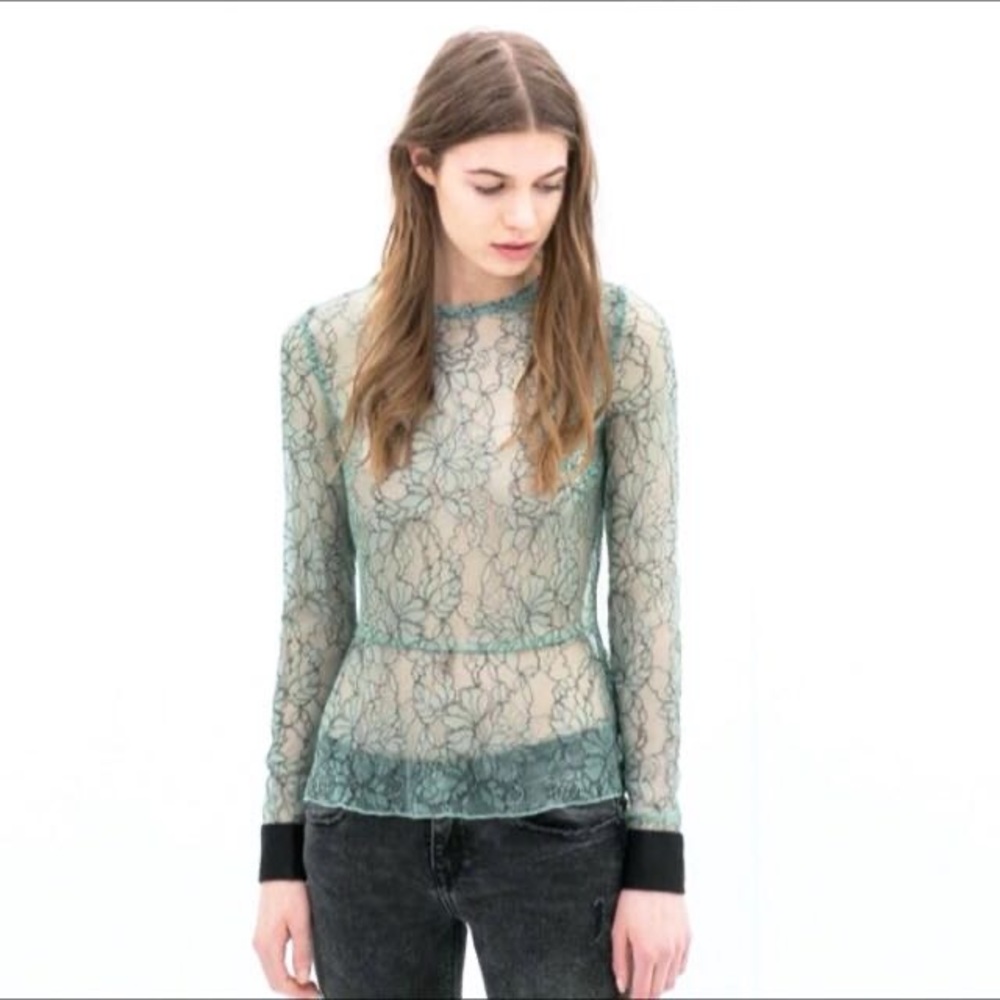 Zara Sheer Floral Lace Top In Mint Green